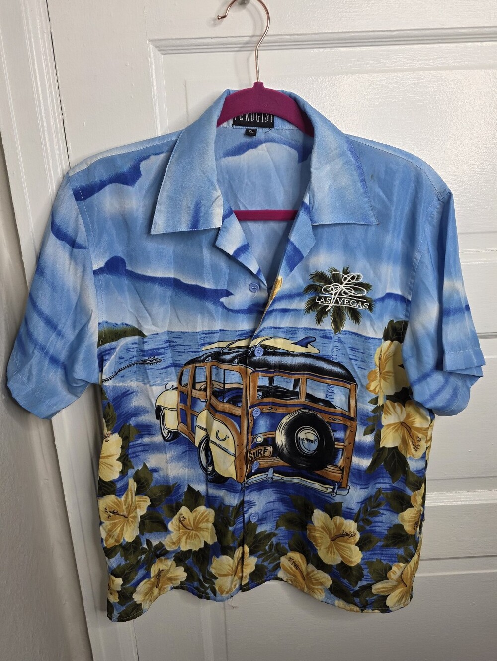 VTG Ferugini Hawaiian Woody Car Beach Shirt Tropical Blue Men XL Las Vegas
